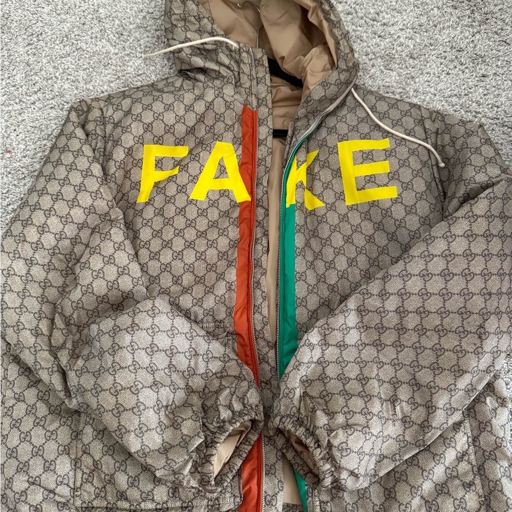 Gucci Beige Windbreaker with Yellow, Red, and Green Accents